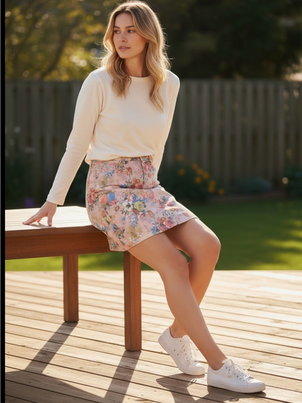 UrRebel Y2K Stretch Denim Floral Midi Skirt with Elastic Waist and Pockets